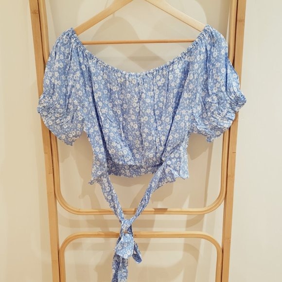 Size 16 SPORTSGIRL Blue White Print Top Short Sleeve Crop Elastic BNWT $49.95 - Picture 5 of 5